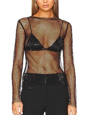 WeWoreWhat Black Sparkly Mesh Long Sleeve Top